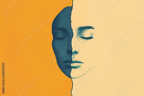 Illustration of a person with a half-smile and half-frown face, divided by a line, symbolizing conflicted emotions, minimal background with copy space, dual state of mind