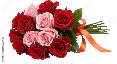 Fototapeta Naklejka Na Ścianę i Meble -  Beautiful Red and Pink Roses Tied with Satin Ribbon on Clear Background.
