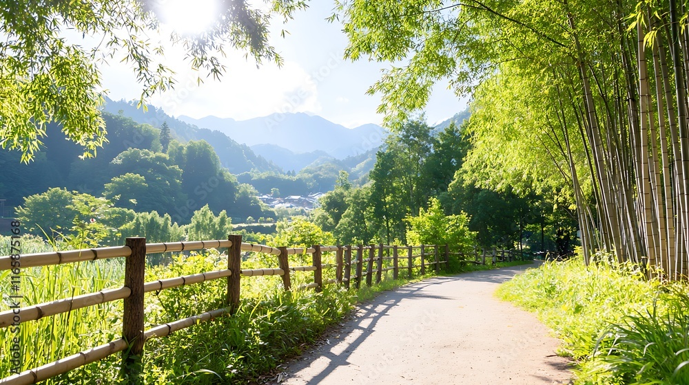 Sunny path through lush bamboo forest leading to scenic mountains. Sunny path through lush bamboo forest leading to scenic mountains.