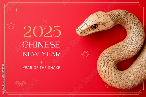 Chinese New Year 2025 modern art design set in red, gold and white colors for cover, card, poster, banner. Chinese zodiac Snake symbol. Hieroglyphics mean Happy New Year and symbol of the Snake photo