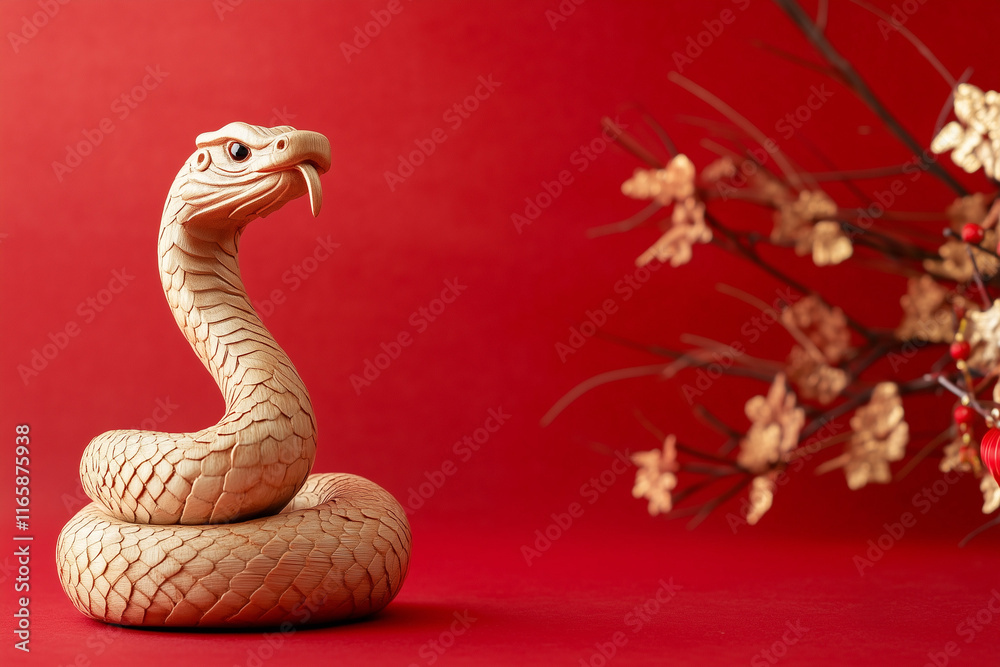 Obraz premium Wooden snake on a red background, chinese new year.