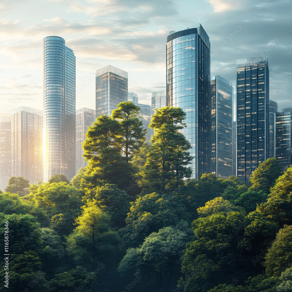 Fototapeta premium Urban skyline rises above lush greenery in a vibrant cityscape at dawn
