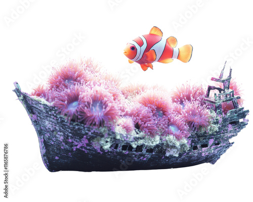 Vibrant coral reef with a clownfish near a sunken ship, isolated on white background. photo