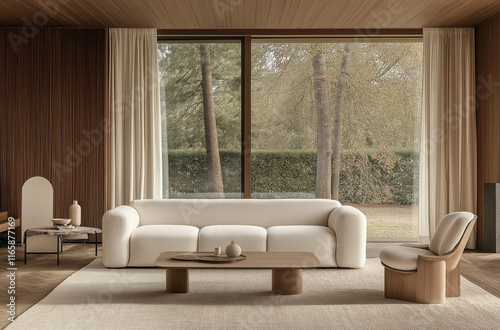 Modern Minimalist Living Room with Wooden Walls and Large Windows Offering Scenic Views photo