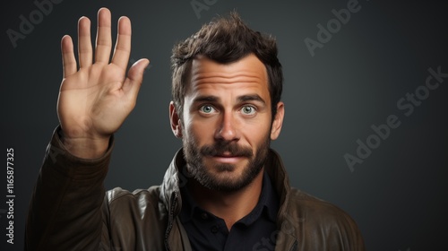 Closeup portrait of a handsome, serious man with dark hair and a beard, looking directly at the camera with a confident expression