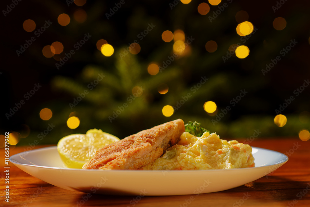 Fried breaded carp fish with potato salad