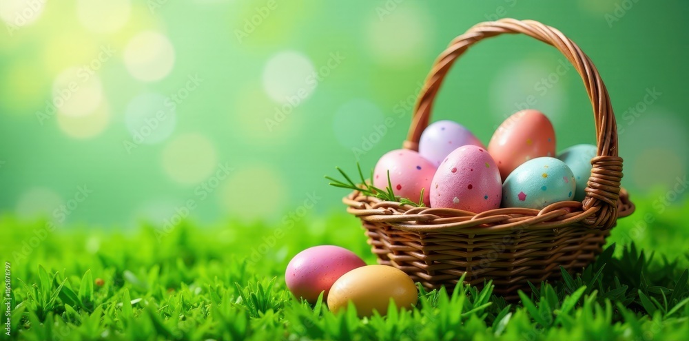 Variety of decorated eggs in wicker basket & on lush green grass, design, floral Variety of decorated eggs in wicker basket & on lush green grass, design, floral