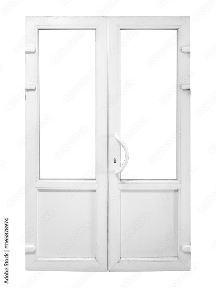 Old white front metal plastic door isolated on transparent background. Old white front metal plastic door isolated on transparent background.