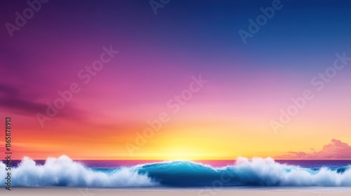 Vibrant sunset over ocean waves, creating a serene atmosphere.