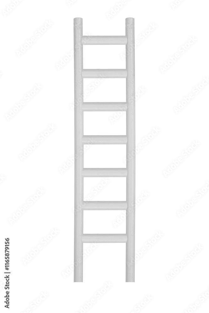 A light gray ladder made of metal pipes, which is mounted on a wall is isolated. A light gray ladder made of metal pipes, which is mounted on a wall is isolated.