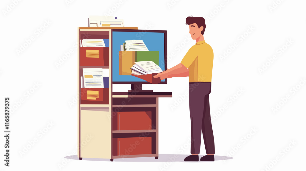 Records management concept, with a man standing next to organized files, ideal for data organization, office work, or document management themes. Records management concept, with a man standing next to organized files, ideal for data organization, office work, or document management themes.