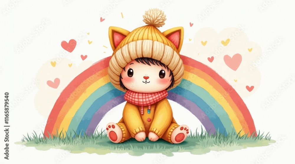 Naklejka premium Joyful hat day celebration with cute cat character cozy rainbow background whimsical art cheerful vibes