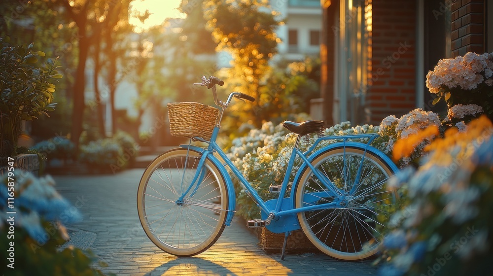 Fototapeta premium Blue bicycle with basket parked in a garden at sunset.