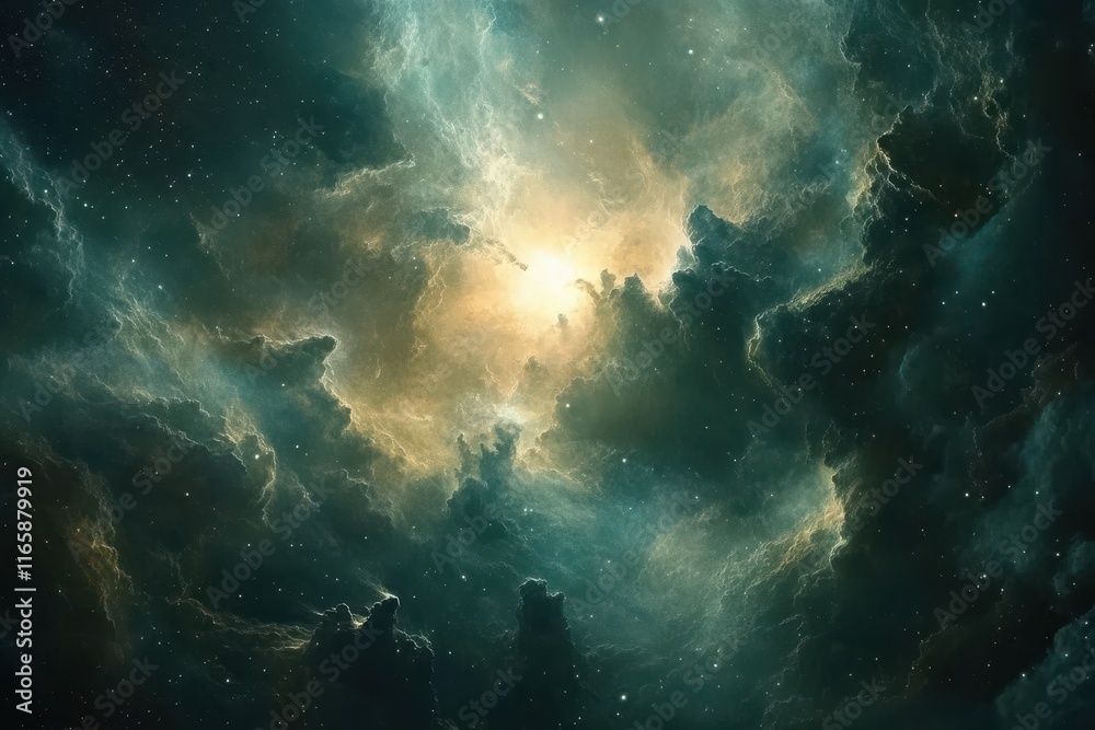 Fototapeta premium Celestial clouds illuminated by a vibrant star in a deep space cosmos during a serene astronomical event
