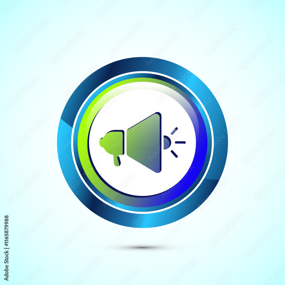 Megaphone icon design illustration, Loudspeaker icon, Shout announce sign. Promotion annoucement. Glossy Round Button Design