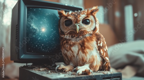 A captivating owl perches next to a vintage television displaying a cosmic scene, creating an intriguing blend of wildlife and retro technology that sparks curiosity and imagination. photo