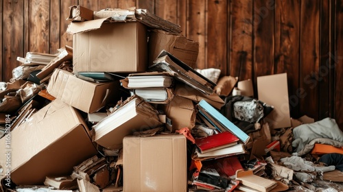 A chaotic mess of books and cardboard boxes creates a cluttered space, emphasizing the struggle with organization and the overwhelming nature of accumulated possessions. photo