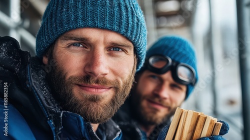 Two ruggedly handsome men enjoy the winter outdoors, wearing cozy beanies and warm jackets, showcasing the beauty of friendship and outdoor adventures in a snowy environment. photo