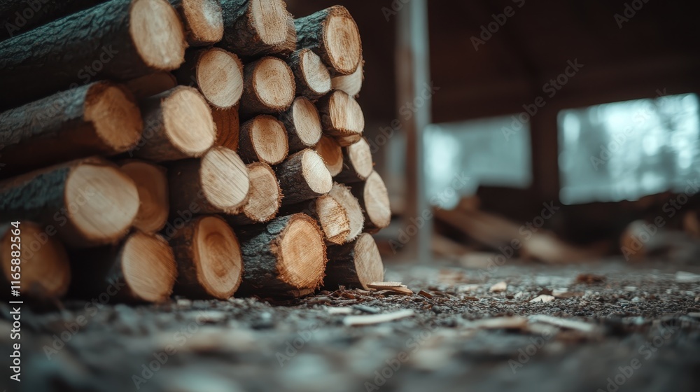 An artful arrangement of logs stacked together, showcasing their natural beauty and organic textures, perfect for representing rustic themes in outdoor environments and designs.