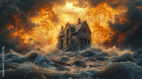 Desolate house engulfed by fiery, swirling clouds and stormy waves.