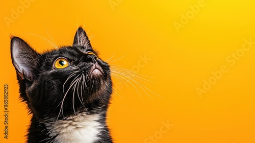 This striking image captures a curious black cat gazing thoughtfully against a vibrant orange backdrop, highlighting the playful nature and beauty of feline companions. photo