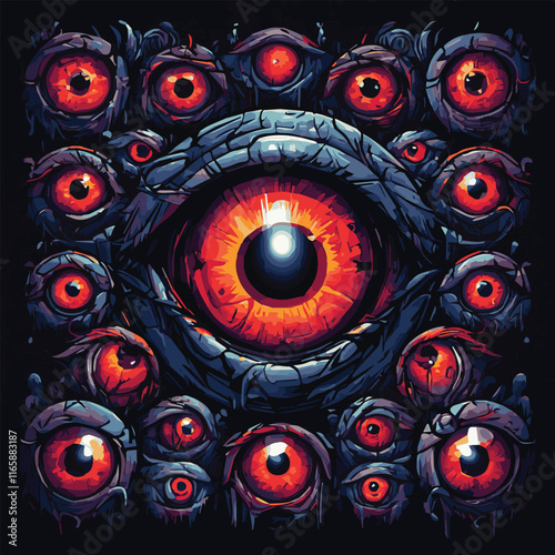 Vector Design of Aggressive Eyes Featuring Alligator, Dragon, and Demon Elements, with Fantasy Reptile Mascots, Tribal Tattoos, and Esoteric Art, Perfect for Bold Animal Illustrations and Wallpaper