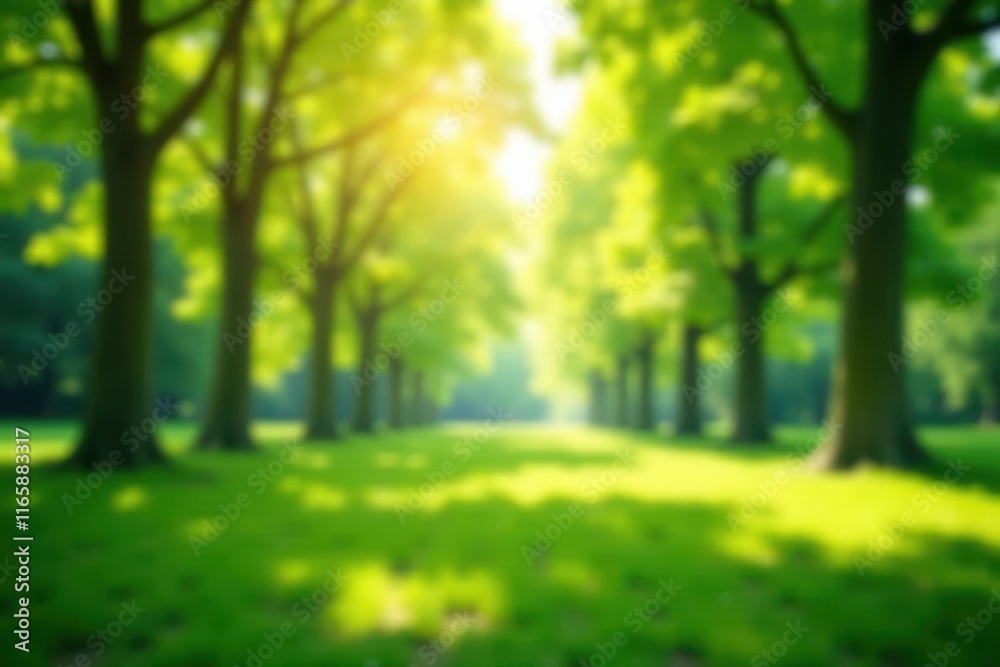Blurred sunny garden trees, hazy green bokeh, dappled light , natural, outdoor, hazy