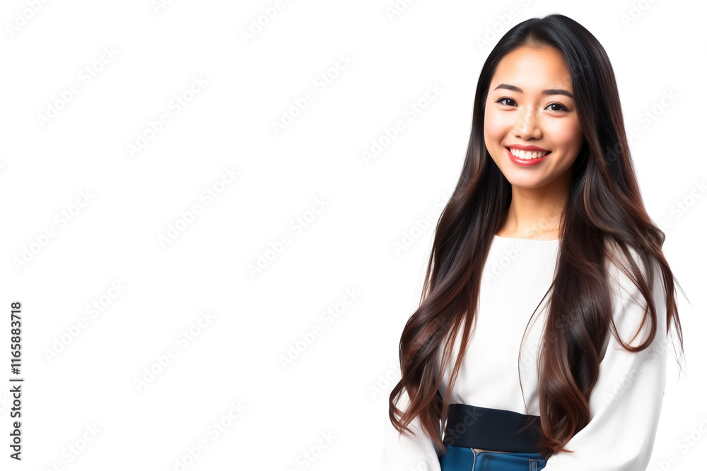 Young beautiful Asian woman smiling with long brunette hair, isolated on transparent background Young beautiful Asian woman smiling with long brunette hair, isolated on transparent background