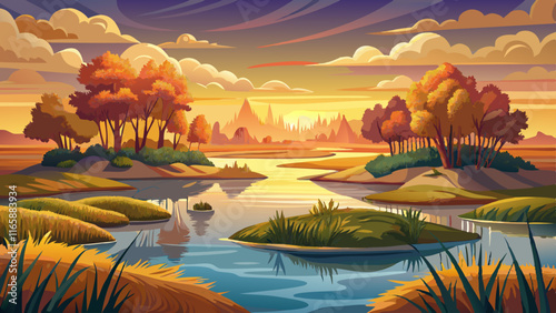 A peaceful river delta with small islands covered in grasses and willows, the water reflecting the golden light of the setting sun