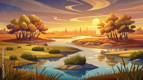 A peaceful river delta with small islands covered in grasses and willows, the water reflecting the golden light of the setting sun