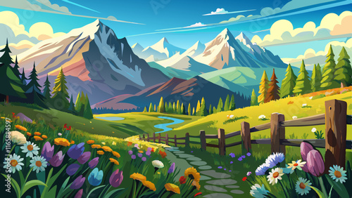 A remote alpine pasture with wildflowers blooming, a wooden fence dividing the landscape, and towering snowy peaks framing the scene