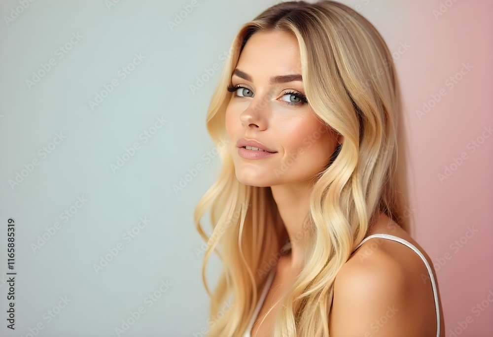 Naklejka premium Portrait of beautiful blonde woman with long straight hair over pastel background 