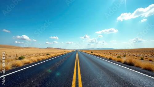 Endless asphalt ribbon stretches to horizon under vast blue sky, motoring, asphalt, journey