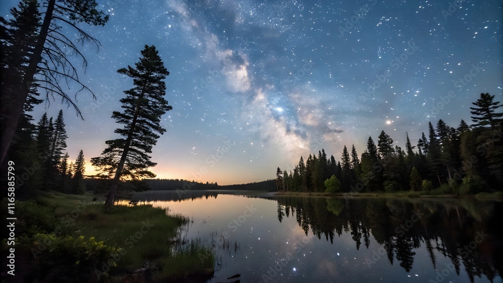 Fototapeta premium A summer landscape view with yellow blue frosty flowers of the Milky Way reflecting in a lake. A calm lake reflecting a night sky with a milky way, surrounded by dark trees.