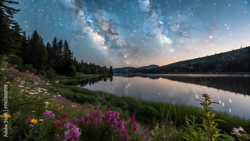 A summer landscape view with yellow blue frosty flowers of the Milky Way reflecting in a lake. A calm lake reflecting a night sky with a milky way, surrounded by dark trees. photo