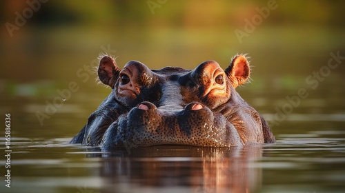 A vivid close-up of a hippopotamus partly submerged in calm water with warm evening light. wildlife photography. photo