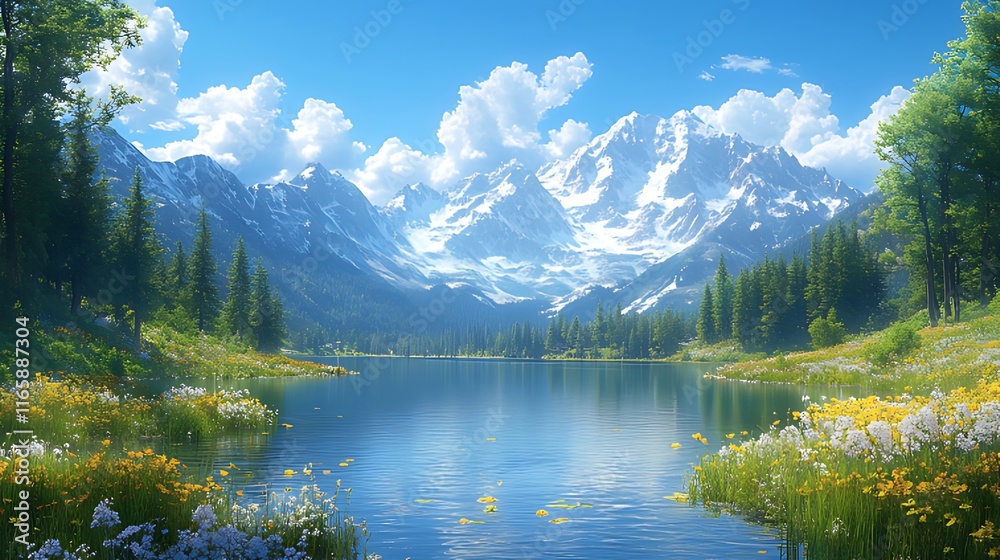 Serene mountain lake with wildflowers and snow-capped peaks under a bright blue sky. Serene mountain lake with wildflowers and snow-capped peaks under a bright blue sky.