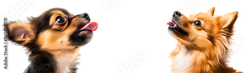 portrait of cute funny 2 small bread dogs: chihuahua & pomeranian looking up with interest and tongue out; hungry puppies licking their mouths isolaited over transparent (white) background