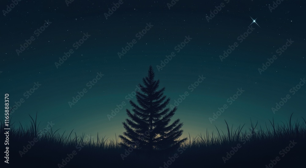 Naklejka premium A lone tree in a grassy field with a star in the sky