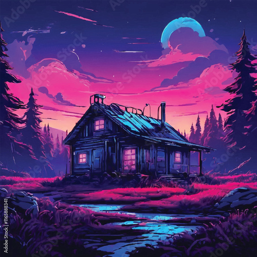 Vector Illustration of a Haunted House Under the Moonlight, Featuring Spooky Halloween Elements like Ghosts, Witches, and Creepy Trees, Perfect for October Celebrations, Parties, and Spooky Design 