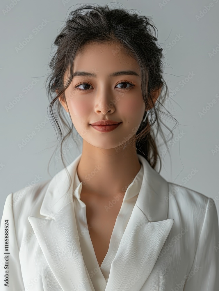 Portrait of an Asian Woman in a White Blazer, Exuding Confidence and Elegance, Minimalist Style, Soft Lighting, Neutral Background, and Modern Business Fashion Portrait of an Asian Woman in a White Blazer, Exuding Confidence and Elegance, Minimalist Style, Soft Lighting, Neutral Background, and Modern Business Fashion