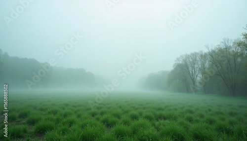 Misty summer morning landscape with green grass under a foggy atmosphere