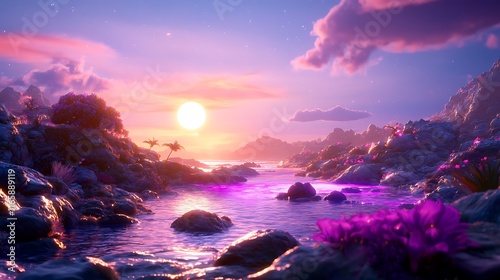 Vibrant sunset over a tropical cove with purple flowers and glowing water. photo