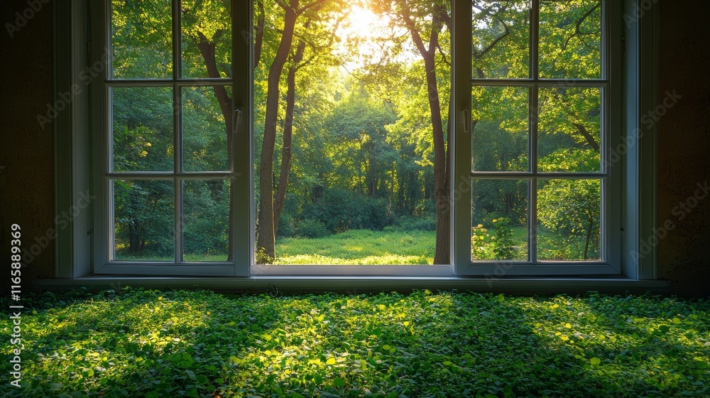 Naklejka premium Sunlit forest view from window with green plants on sill.