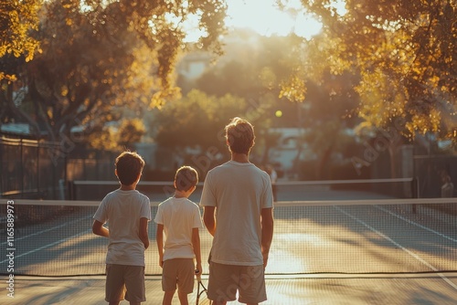 Kids engaging in tennis practice at sunset on outdoor courts photo