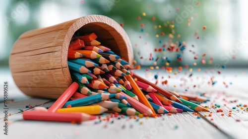 A charmingly chaotic scene of colored pencils spilling from a wooden container brings a sense of creativity and artistic expression, invoking an inviting atmosphere for art lovers. photo