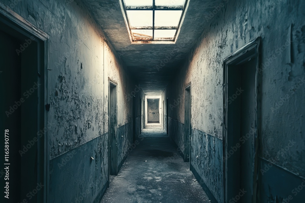 Long empty corridor in an abandoned building with peeling walls and a skylight