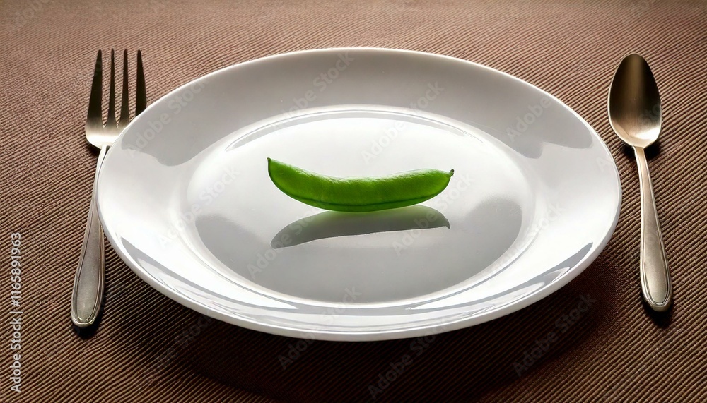 Plate with a single green bean Plate with a single green bean