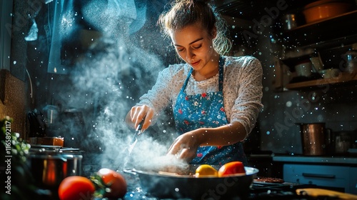 Passionate Woman Cooking Delicious Meal in Home Kitchen photo