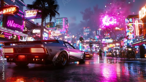 Cyberpunk city street at night with retro car, neon lights, fireworks, and rain.